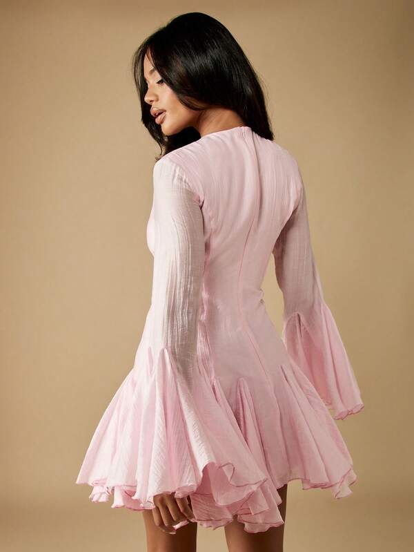 MISSGUIDED Bell Sleeve Button Front Mini Dress With Ruffled Hem