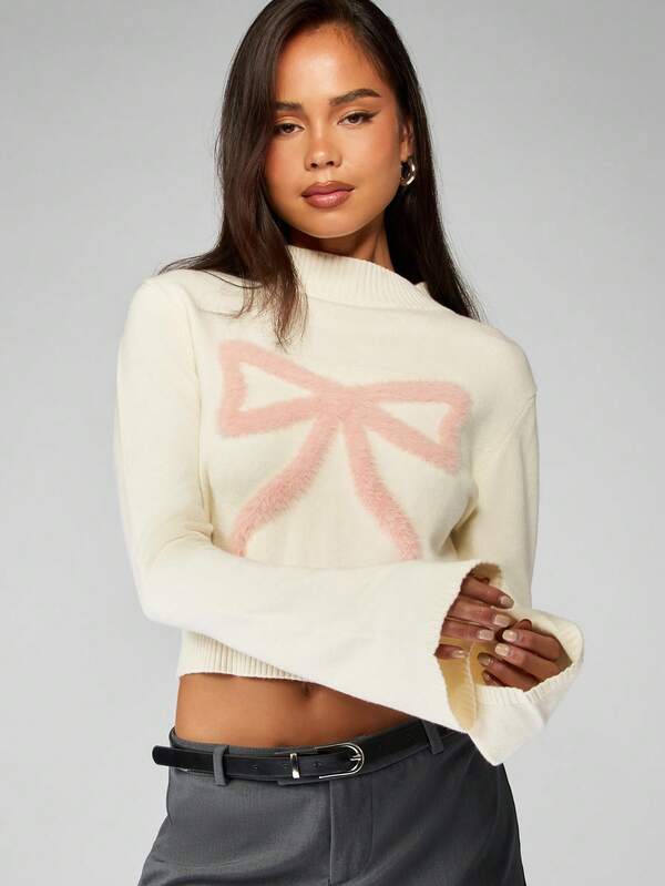 MISSGUIDED Bell Sleeve Cropped Sweater With Fuzzy Bow Design