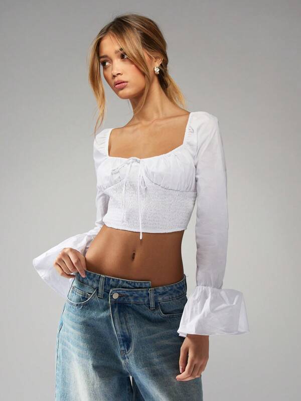 MISSGUIDED Bell Sleeve Peasant Shirred Bodice Top
