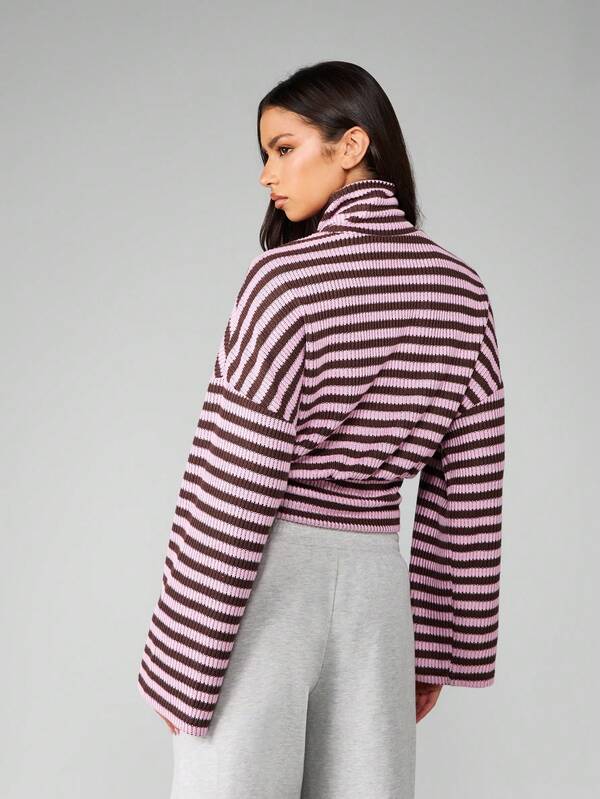 MISSGUIDED Bell Sleeve Striped Turtleneck Cropped Sweater With Ribbed Texture