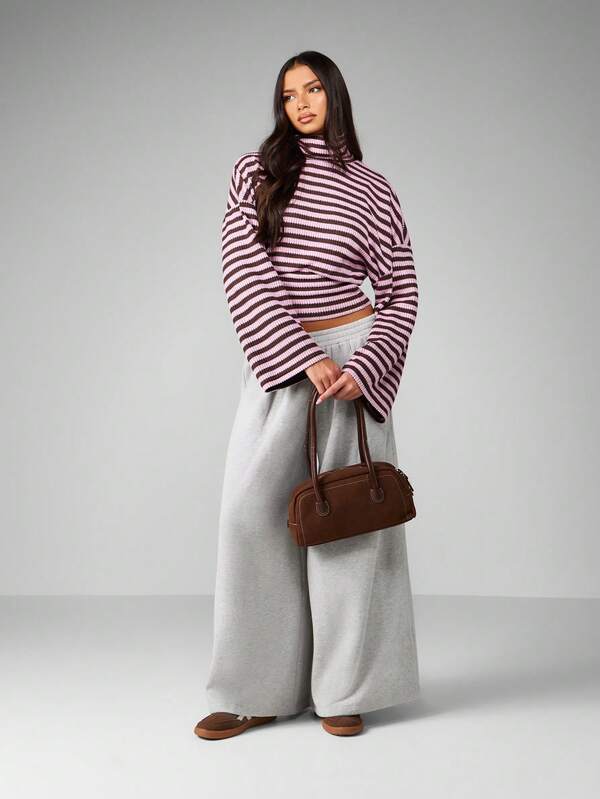 MISSGUIDED Bell Sleeve Striped Turtleneck Cropped Sweater With Ribbed Texture