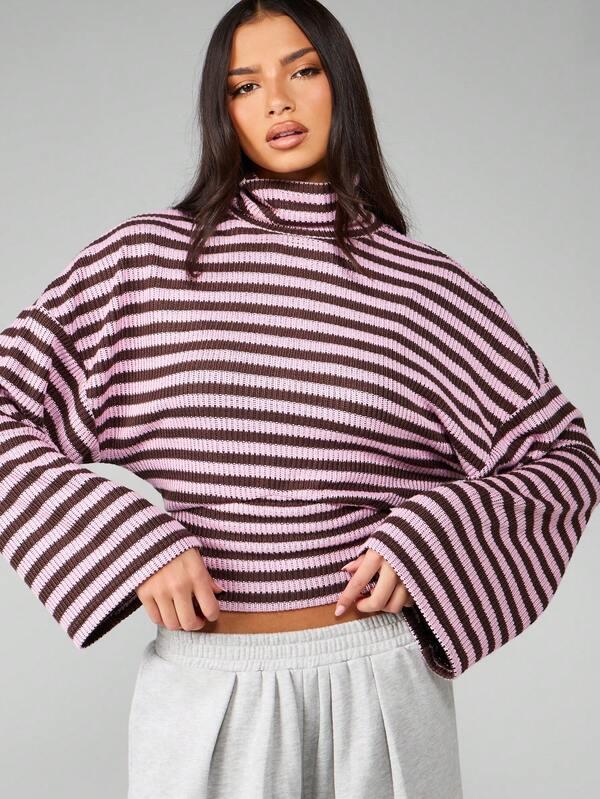 MISSGUIDED Bell Sleeve Striped Turtleneck Cropped Sweater With Ribbed Texture