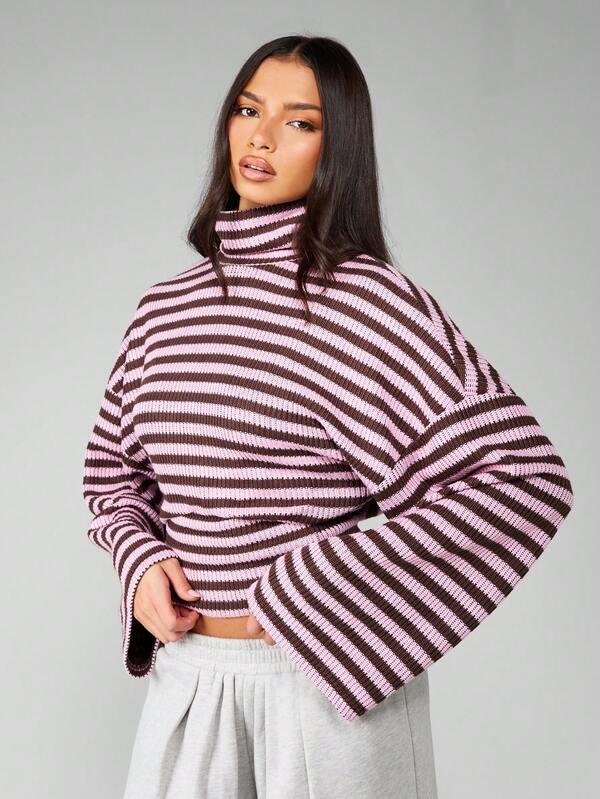 MISSGUIDED Bell Sleeve Striped Turtleneck Cropped Sweater With Ribbed Texture