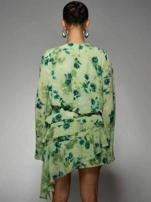 MISSGUIDED Bell Sleeve V-Neck Floral Print Mini Wrap Dress