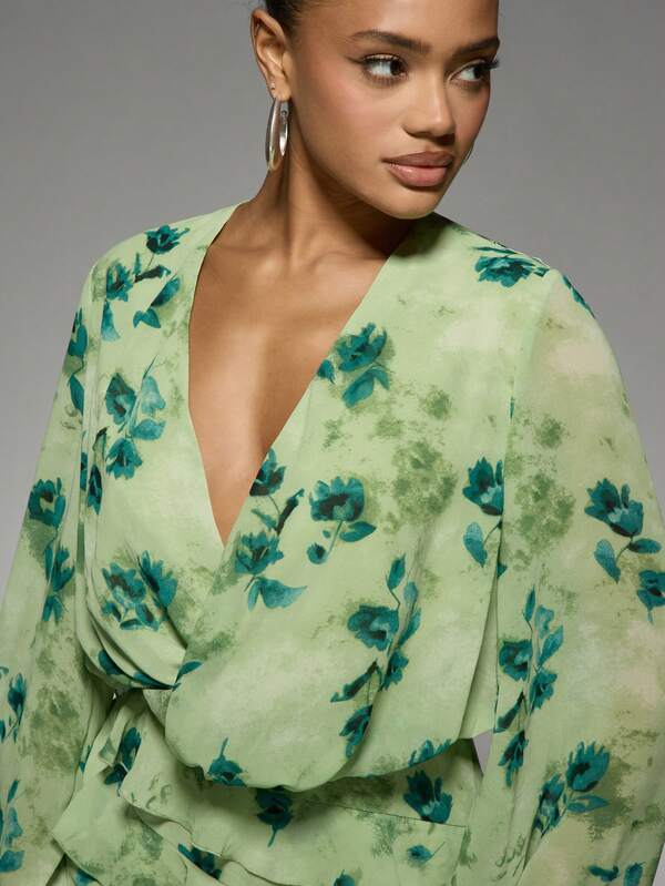 MISSGUIDED Bell Sleeve V-Neck Floral Print Mini Wrap Dress