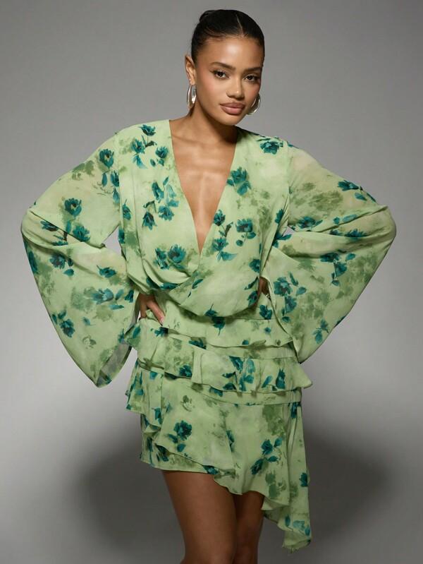 MISSGUIDED Bell Sleeve V-Neck Floral Print Mini Wrap Dress