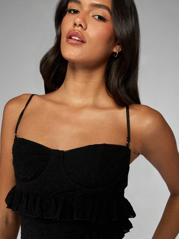 MISSGUIDED Black Lace Cami With Tiered Ruffles