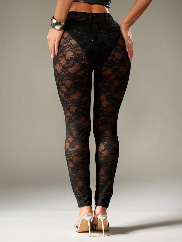 MISSGUIDED Black Lace Glitter Leggings With Floral Pattern