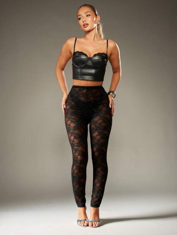MISSGUIDED Black Lace Glitter Leggings With Floral Pattern