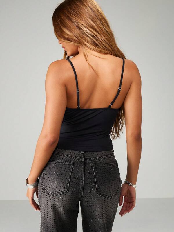 MISSGUIDED Black Lace Trim Corset Style Cami Top