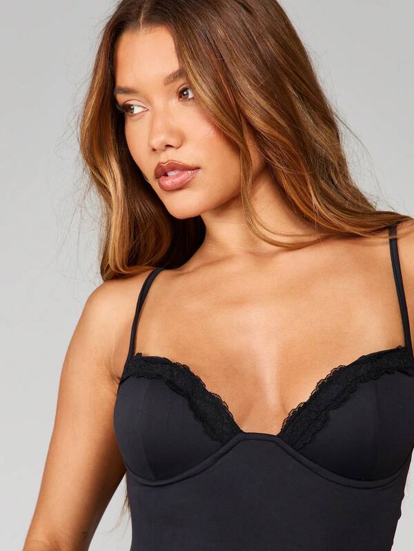 MISSGUIDED Black Lace Trim Corset Style Cami Top