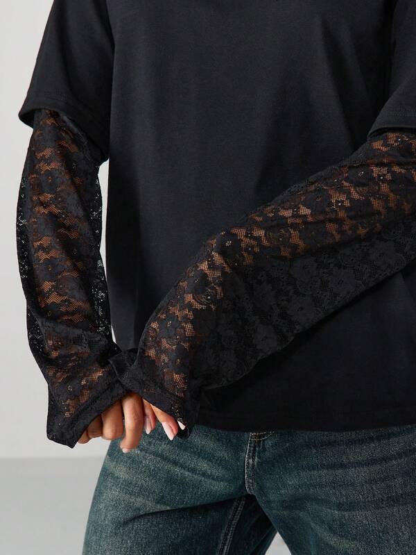 MISSGUIDED Black Oversized T-Shirt With Lace Sleeves Design