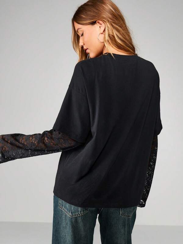 MISSGUIDED Black Oversized T-Shirt With Lace Sleeves Design