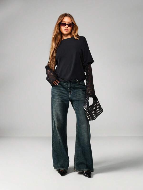 MISSGUIDED Black Oversized T-Shirt With Lace Sleeves Design