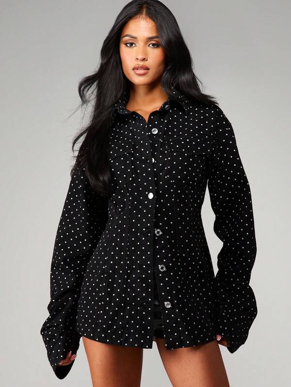 MISSGUIDED Black Polka Dot Denim Trucker Jacket With Button Front