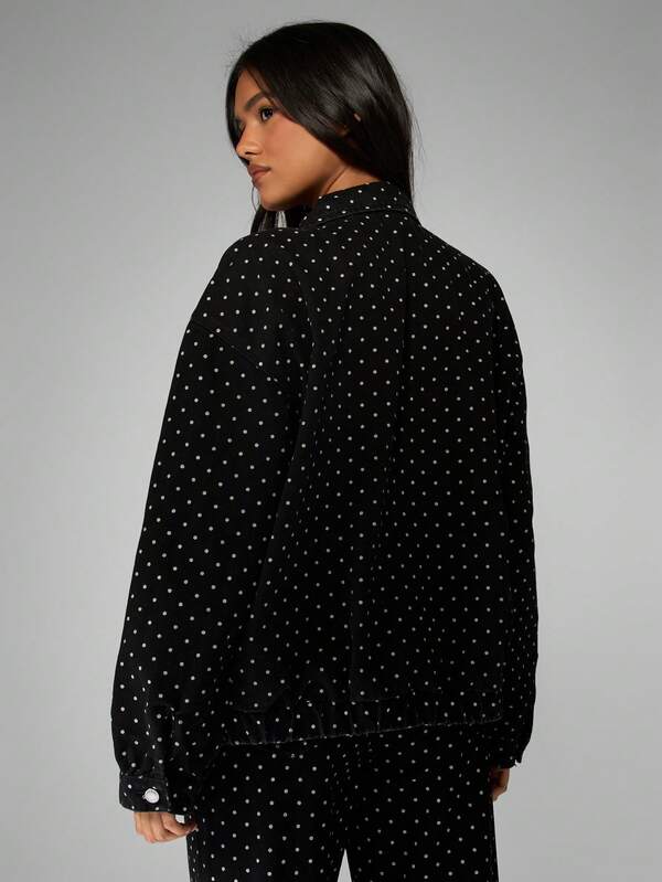 MISSGUIDED Black Polka Dot Print Denim Bomber Jacket With Zipper Closure