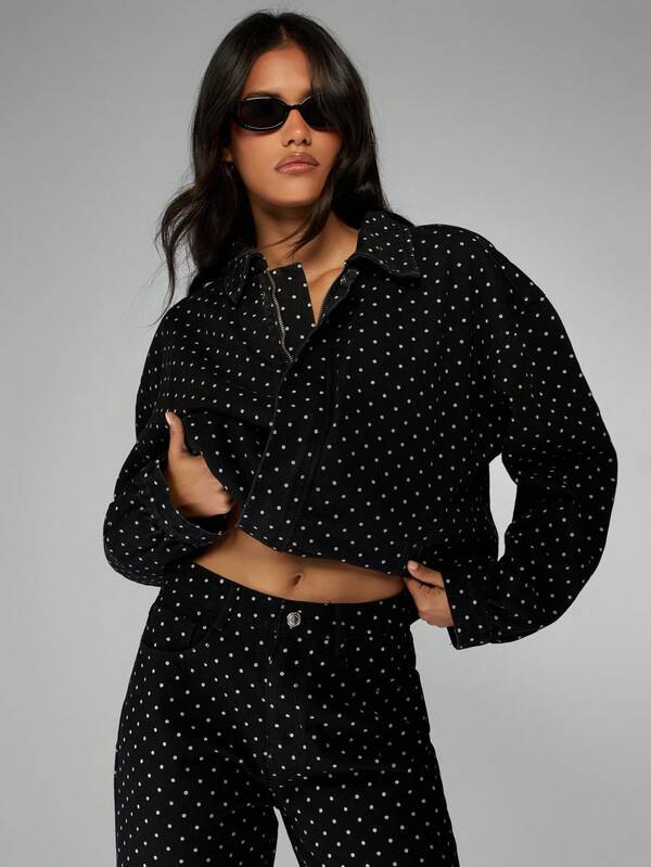 MISSGUIDED Black Polka Dot Print Denim Bomber Jacket With Zipper Closure