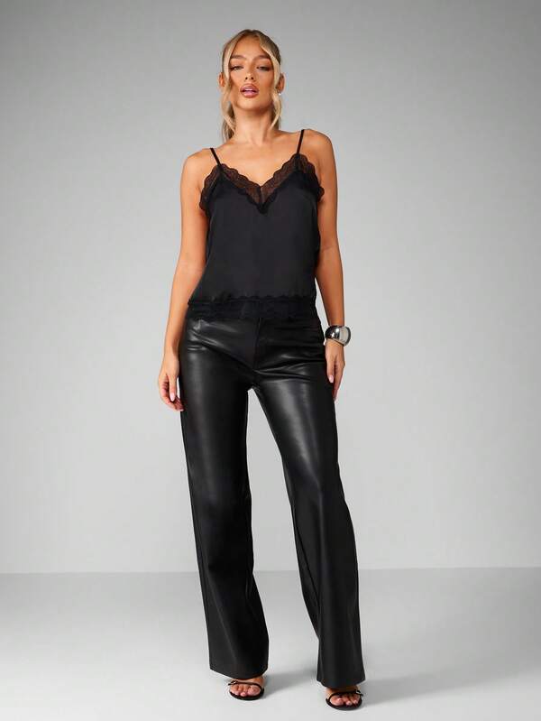 MISSGUIDED Black Satin Camisole With Lace Trim Detailing
