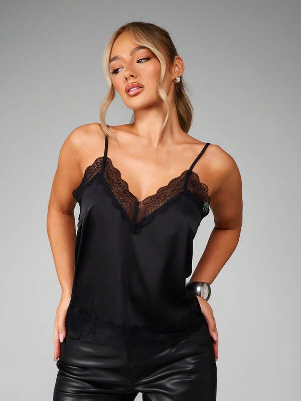 MISSGUIDED Black Satin Camisole With Lace Trim Detailing