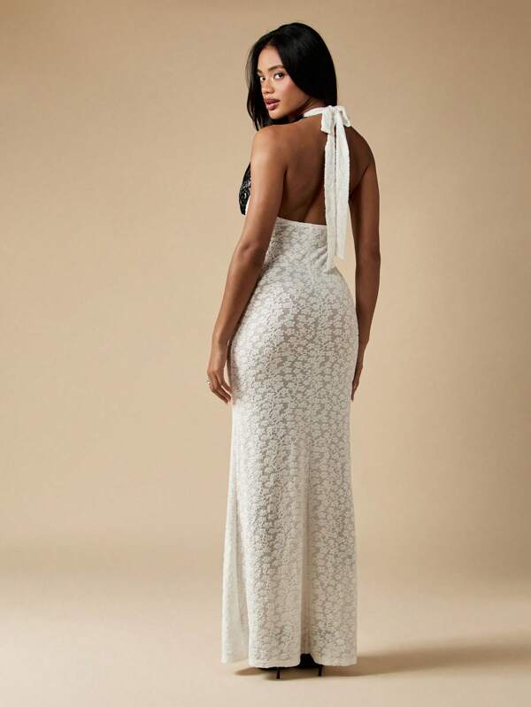 MISSGUIDED Black White Halter Neck Lace Maxi Dress