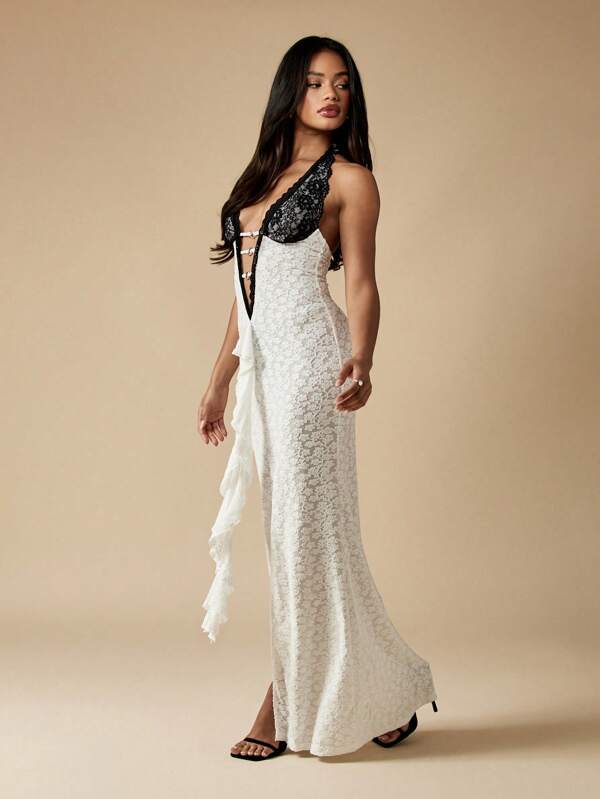 MISSGUIDED Black White Halter Neck Lace Maxi Dress