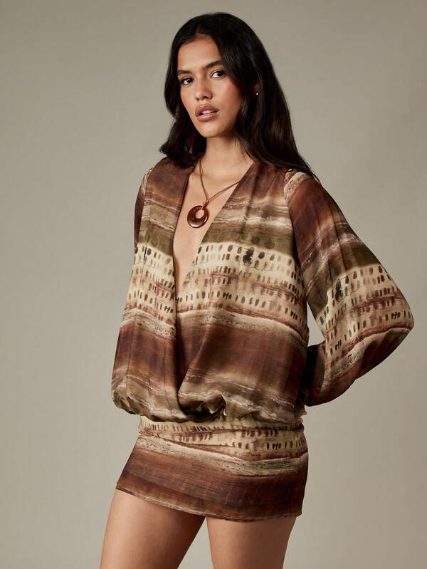 MISSGUIDED Blouson Sleeve Wrap Mini Dress With Gathered Waist