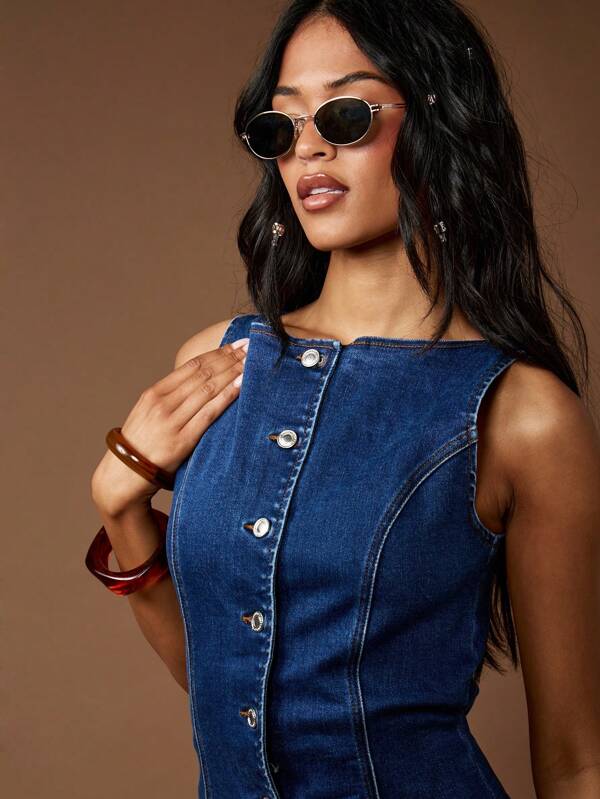 MISSGUIDED Bodycon Fitted Sleeveless Button Front Denim Mini Dress