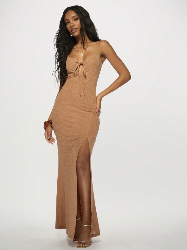 MISSGUIDED Bodycon High Split Tie Detail Ruched Long Dress