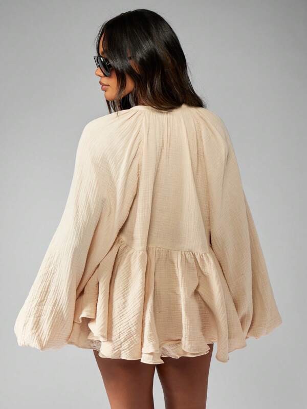 MISSGUIDED Bohemian Cheesecloth Women Two-Piece Outfits With Tie-Front Blouse And Shorts