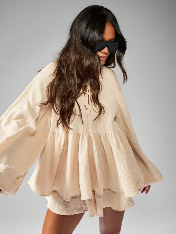 MISSGUIDED Bohemian Cheesecloth Women Two-Piece Outfits With Tie-Front Blouse And Shorts