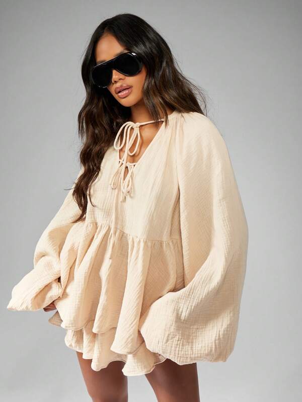 MISSGUIDED Bohemian Cheesecloth Women Two-Piece Outfits With Tie-Front Blouse And Shorts