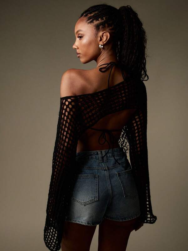 MISSGUIDED Bohemian Western Grunge Fishnet Crop Sweater