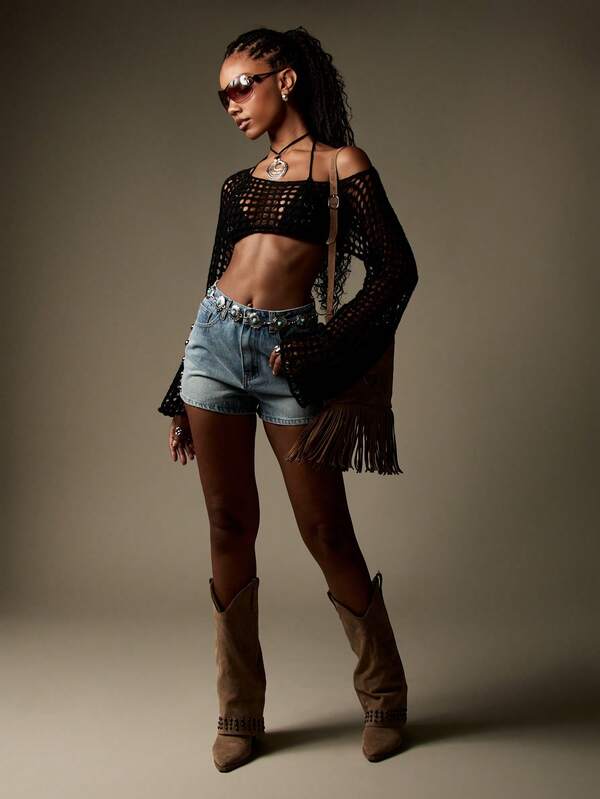 MISSGUIDED Bohemian Western Grunge Fishnet Crop Sweater
