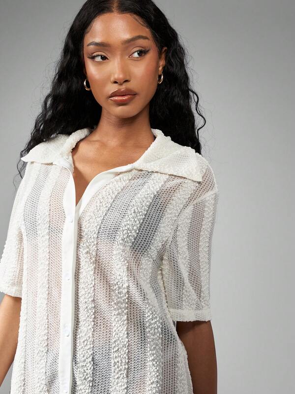 MISSGUIDED Boho Crochet Button Down Short Sleeve Mini Dress