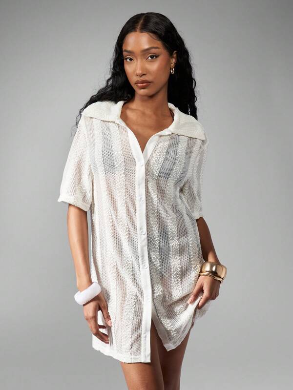 MISSGUIDED Boho Crochet Button Down Short Sleeve Mini Dress