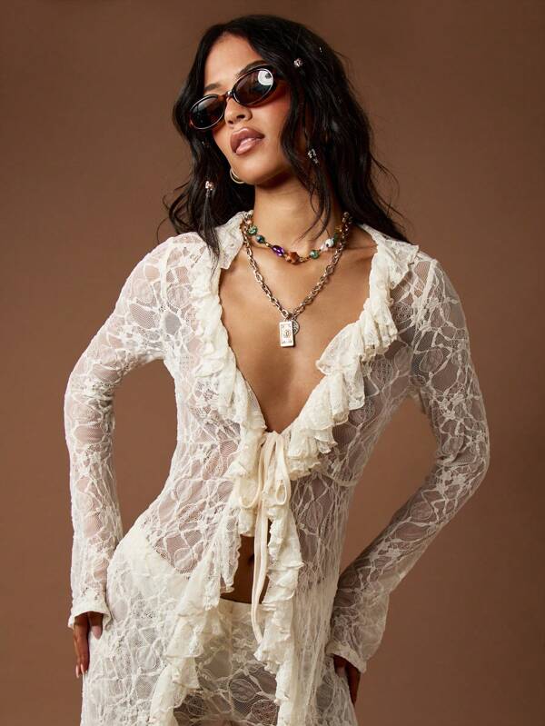 MISSGUIDED Boho Lace Ruffle Bell Sleeve Women Blouse