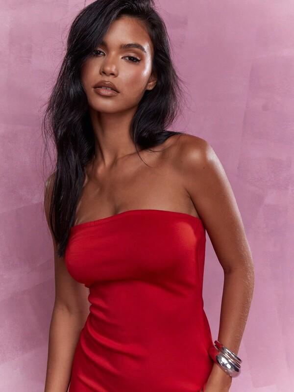MISSGUIDED Boho Long Ruffle Hem Bandeau Maxi Dress