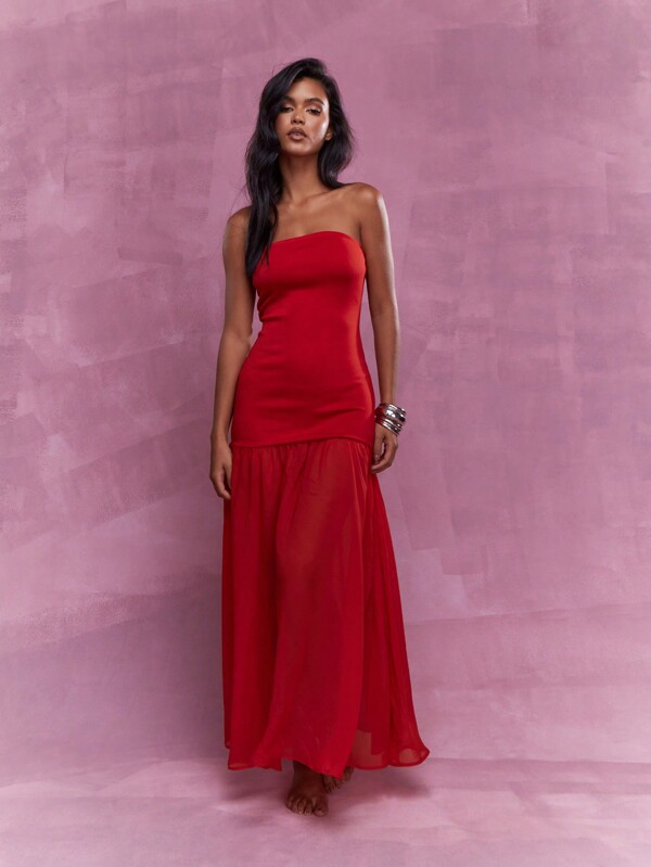 MISSGUIDED Boho Long Ruffle Hem Bandeau Maxi Dress