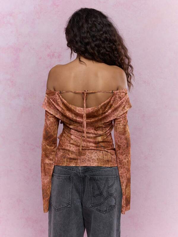 MISSGUIDED Boho Printed Scoop Neck Ruffle Detail Flared Sleeves Top