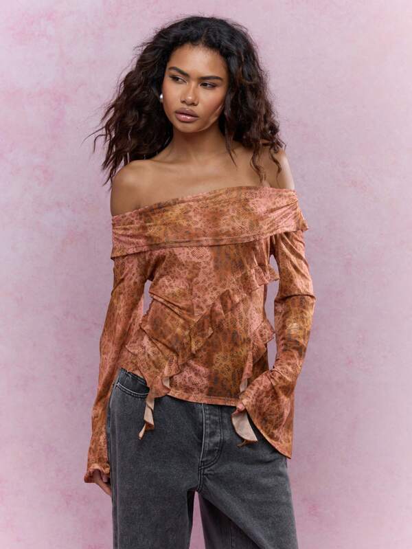 MISSGUIDED Boho Printed Scoop Neck Ruffle Detail Flared Sleeves Top