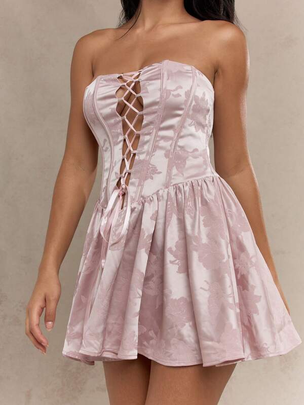MISSGUIDED Boho Satin Lace Up Corset Detail Ruffled Hem Bandeau Dress