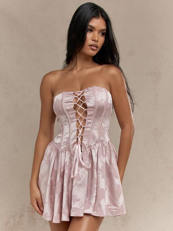 MISSGUIDED Boho Satin Lace Up Corset Detail Ruffled Hem Bandeau Dress