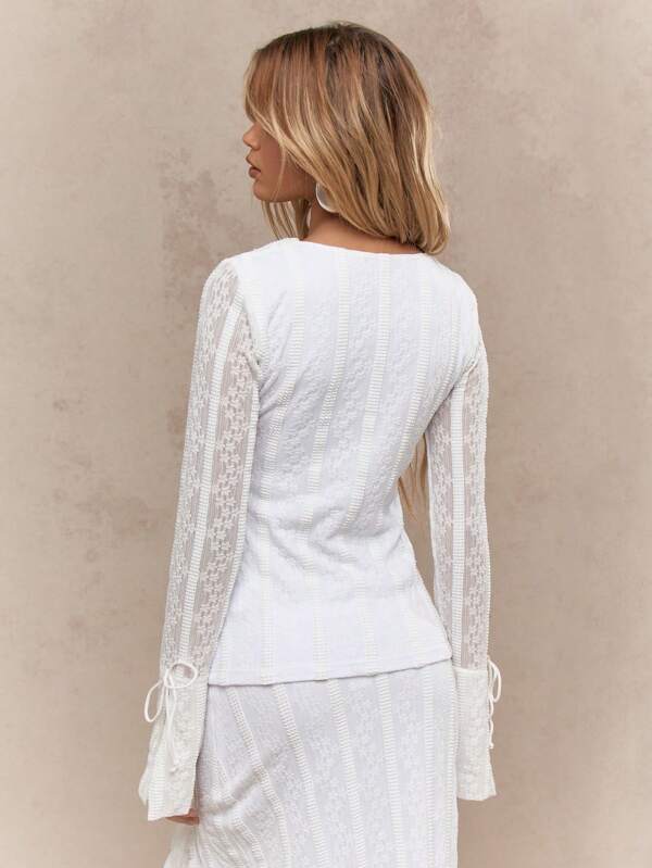 MISSGUIDED Boho Sheer Lace Ruffle Bow Detail Long Sleeves Top