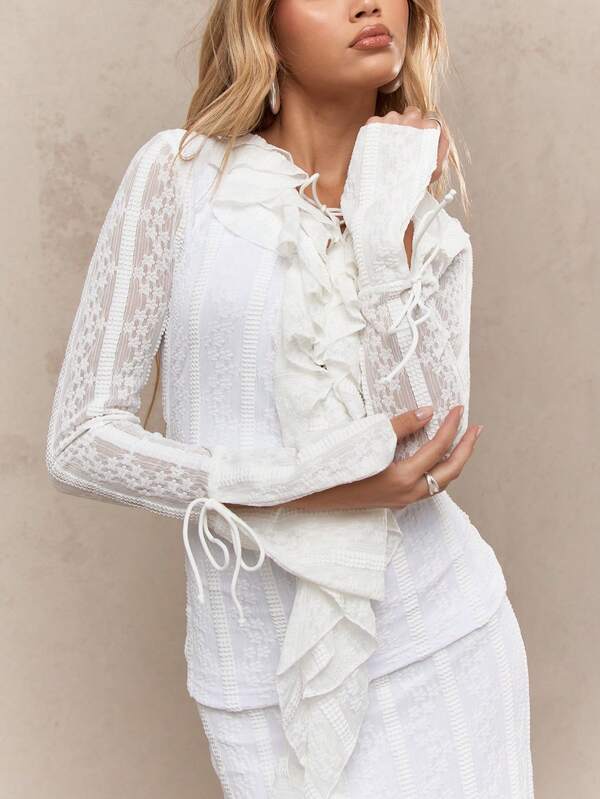 MISSGUIDED Boho Sheer Lace Ruffle Bow Detail Long Sleeves Top
