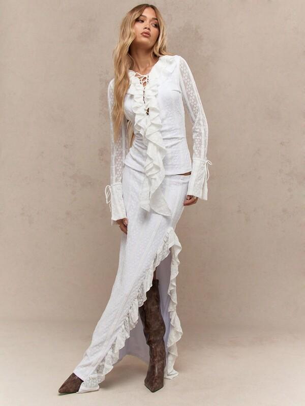 MISSGUIDED Boho Sheer Lace Ruffle Bow Detail Long Sleeves Top