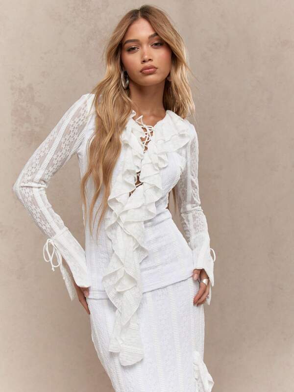 MISSGUIDED Boho Sheer Lace Ruffle Bow Detail Long Sleeves Top