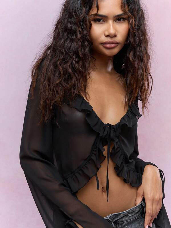 MISSGUIDED Boho Sheer Ruffle Detail Blouse With Tying