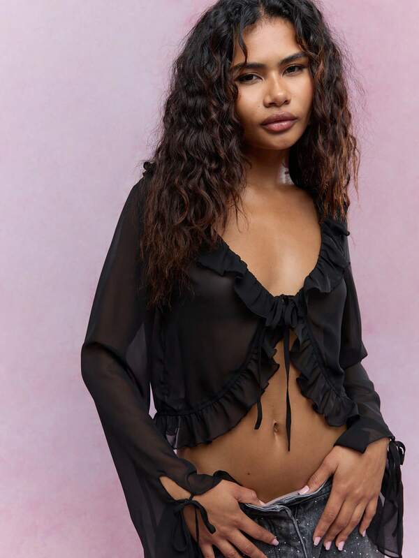 MISSGUIDED Boho Sheer Ruffle Detail Blouse With Tying