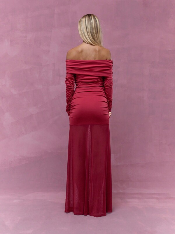 MISSGUIDED Boho Sheer Ruffle Hem Long Sleeve Off-Shoulder Maxi Dress