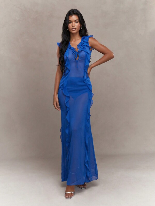 MISSGUIDED Boho Sheer Ruffle Sleeveless Maxi Dress